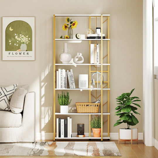 6-Tier Bookshelf Modern Geometric Bookcase with Heavy-duty Metal Frame and Anti-tipping Kits