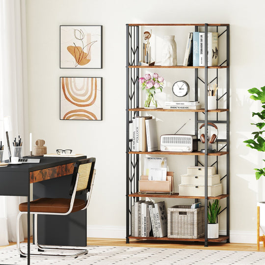 6-Tier Bookshelf Modern Geometric Bookcase with Heavy-duty Metal Frame and Anti-tipping Kits