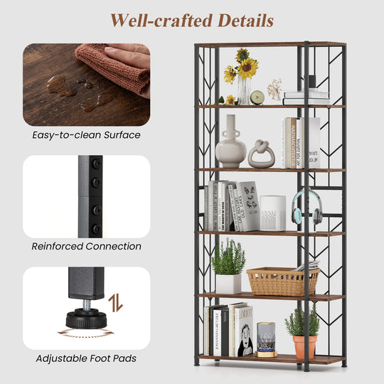 6-Tier Bookshelf Modern Geometric Bookcase with Heavy-duty Metal Frame and Anti-tipping Kits