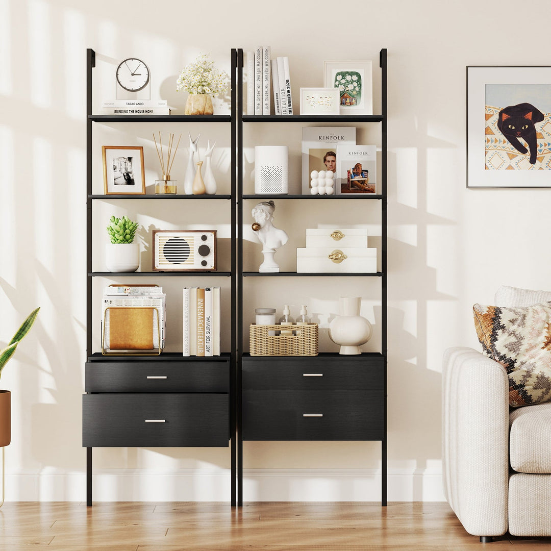 6-Tier Ladder Bookcase with 2 Drawers and Metal Frame-Black