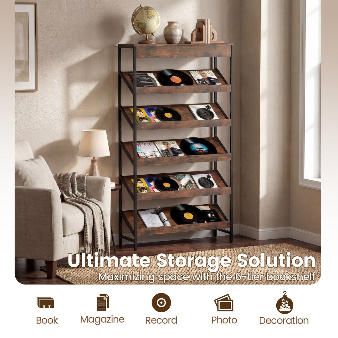 6-Tier Tall Freestanding Bookshelf with Angled Shelves for Home Office-Rustic Brown