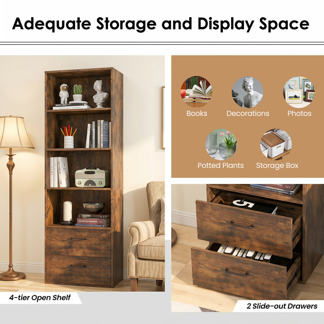 6-Tier Tall Freestanding Bookshelf with 4 Open Shelves and 2 Drawers-Rustic Brown