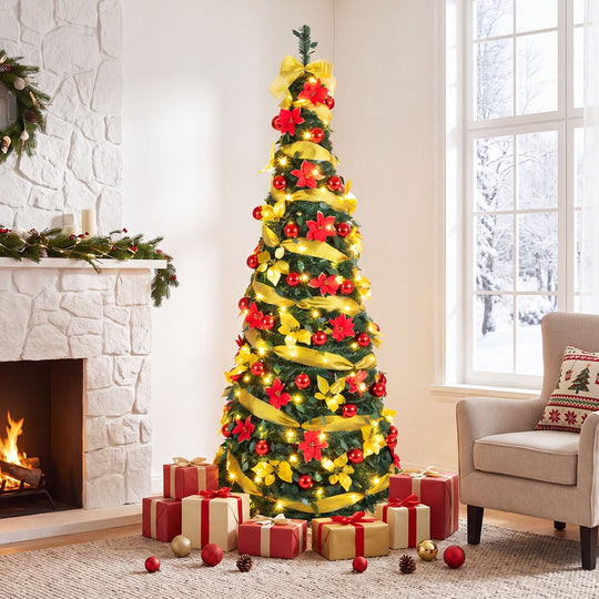 6 ft Pop Up 8 Lighting Modes Christmas Tree with Satin Ribbon and 50 Christmas Balls