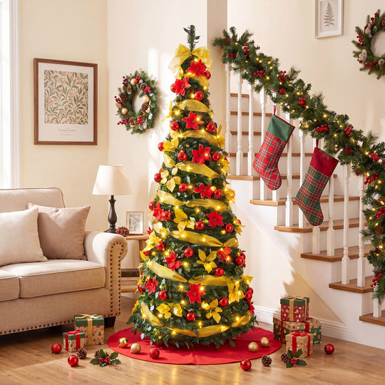6 ft Pop Up 8 Lighting Modes Christmas Tree with Satin Ribbon and 50 Christmas Balls