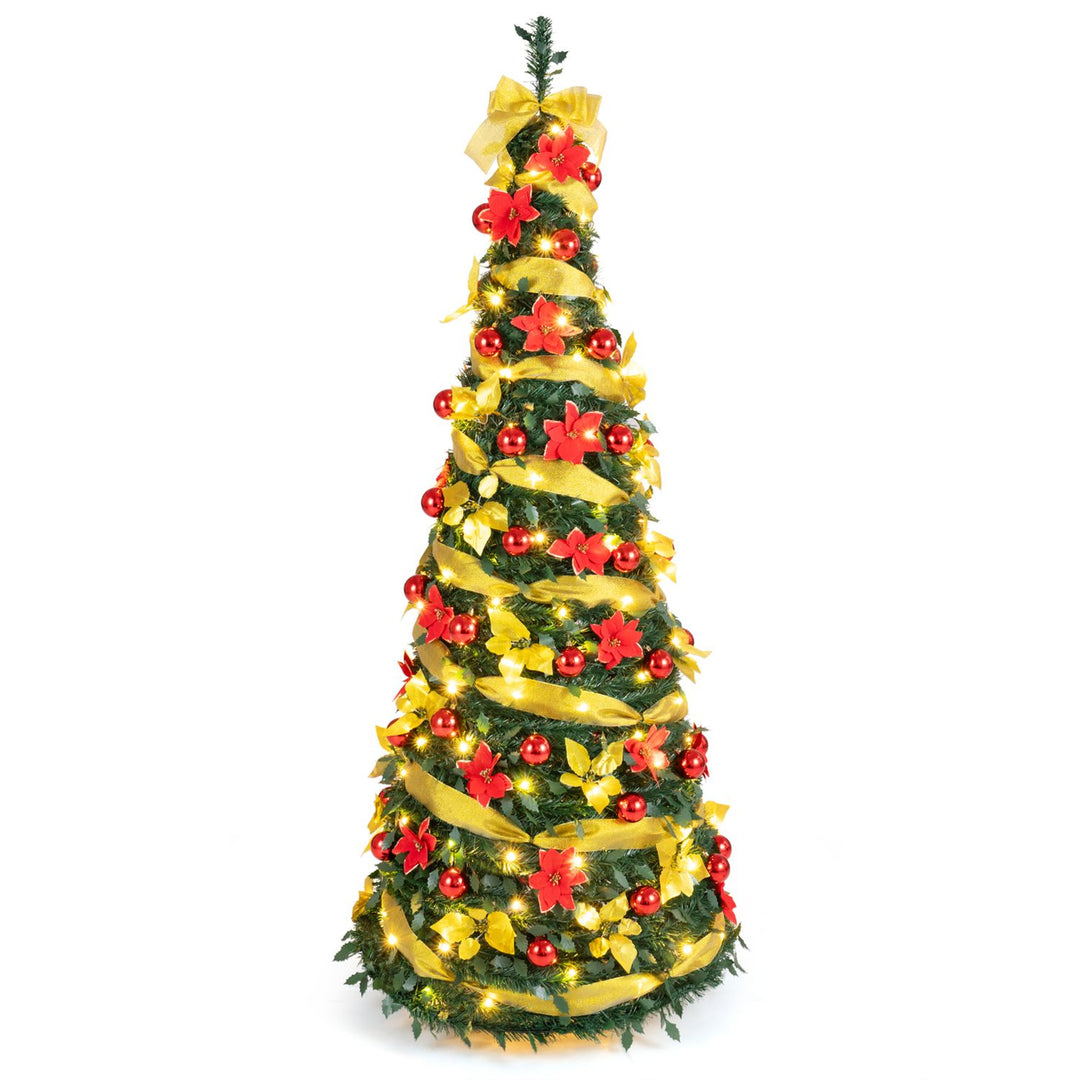 6 ft Pop Up 8 Lighting Modes Christmas Tree with Satin Ribbon and 50 Christmas Balls