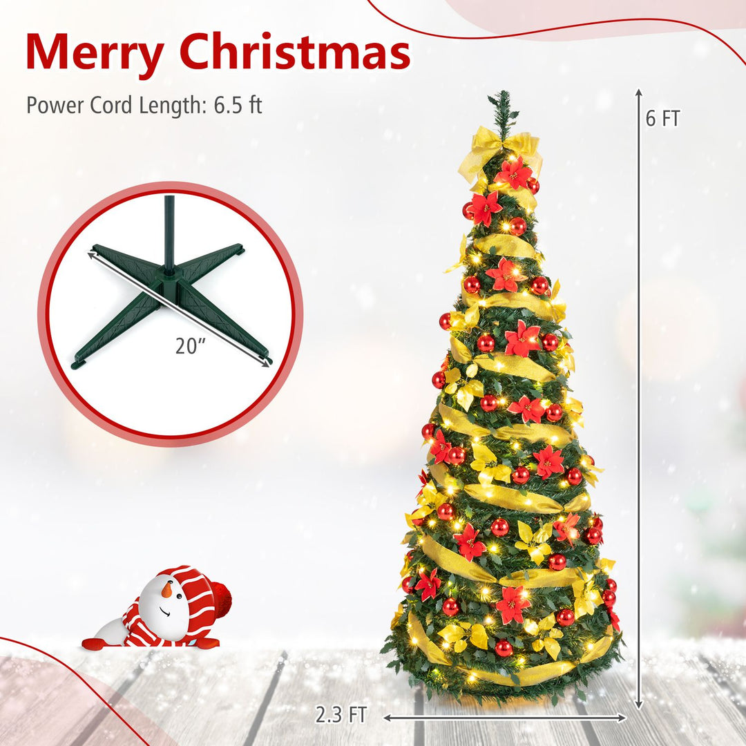 6 ft Pop Up 8 Lighting Modes Christmas Tree with Satin Ribbon and 50 Christmas Balls