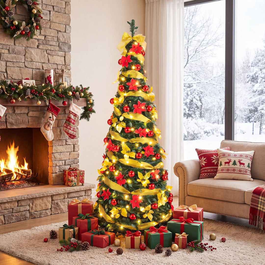 6 ft Pop Up 8 Lighting Modes Christmas Tree with Satin Ribbon and 50 Christmas Balls