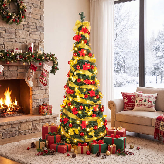6 ft Pop Up 8 Lighting Modes Christmas Tree with Satin Ribbon and 50 Christmas Balls