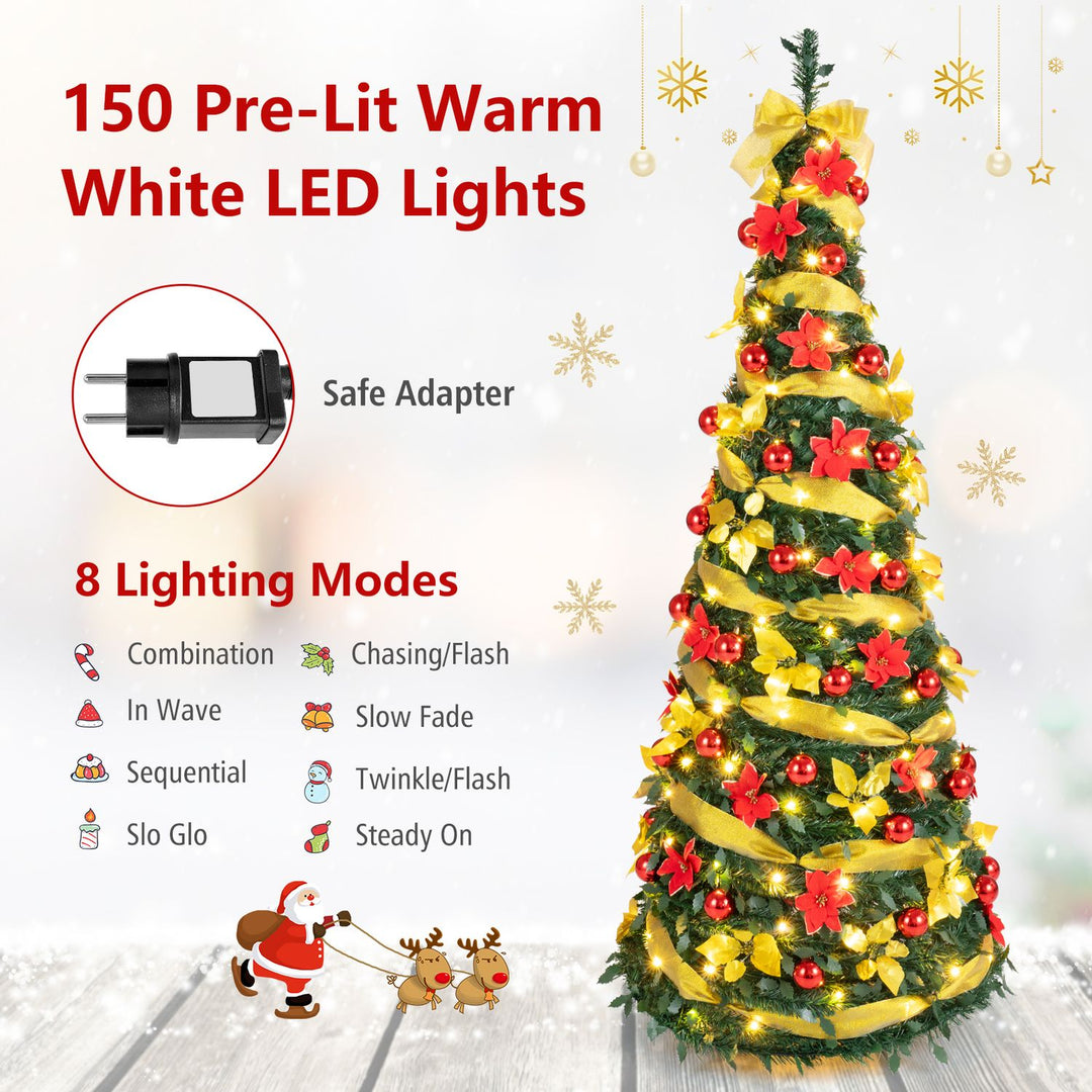 6 ft Pop Up 8 Lighting Modes Christmas Tree with Satin Ribbon and 50 Christmas Balls
