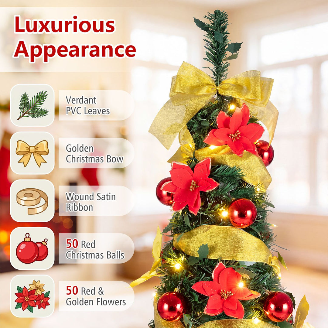 6 ft Pop Up 8 Lighting Modes Christmas Tree with Satin Ribbon and 50 Christmas Balls