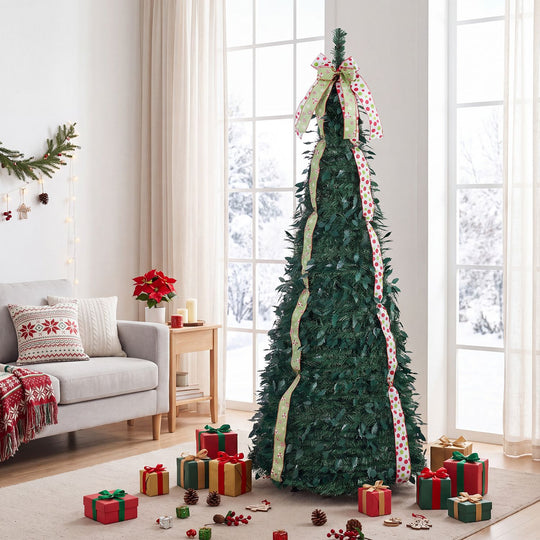 6 ft Pop Up Christmas Tree with PVC Holly Leaves 4 Festive Satin Ribbons and Top Christmas Bow