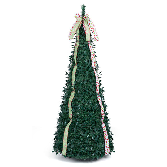 6 ft Pop Up Christmas Tree with PVC Holly Leaves 4 Festive Satin Ribbons and Top Christmas Bow