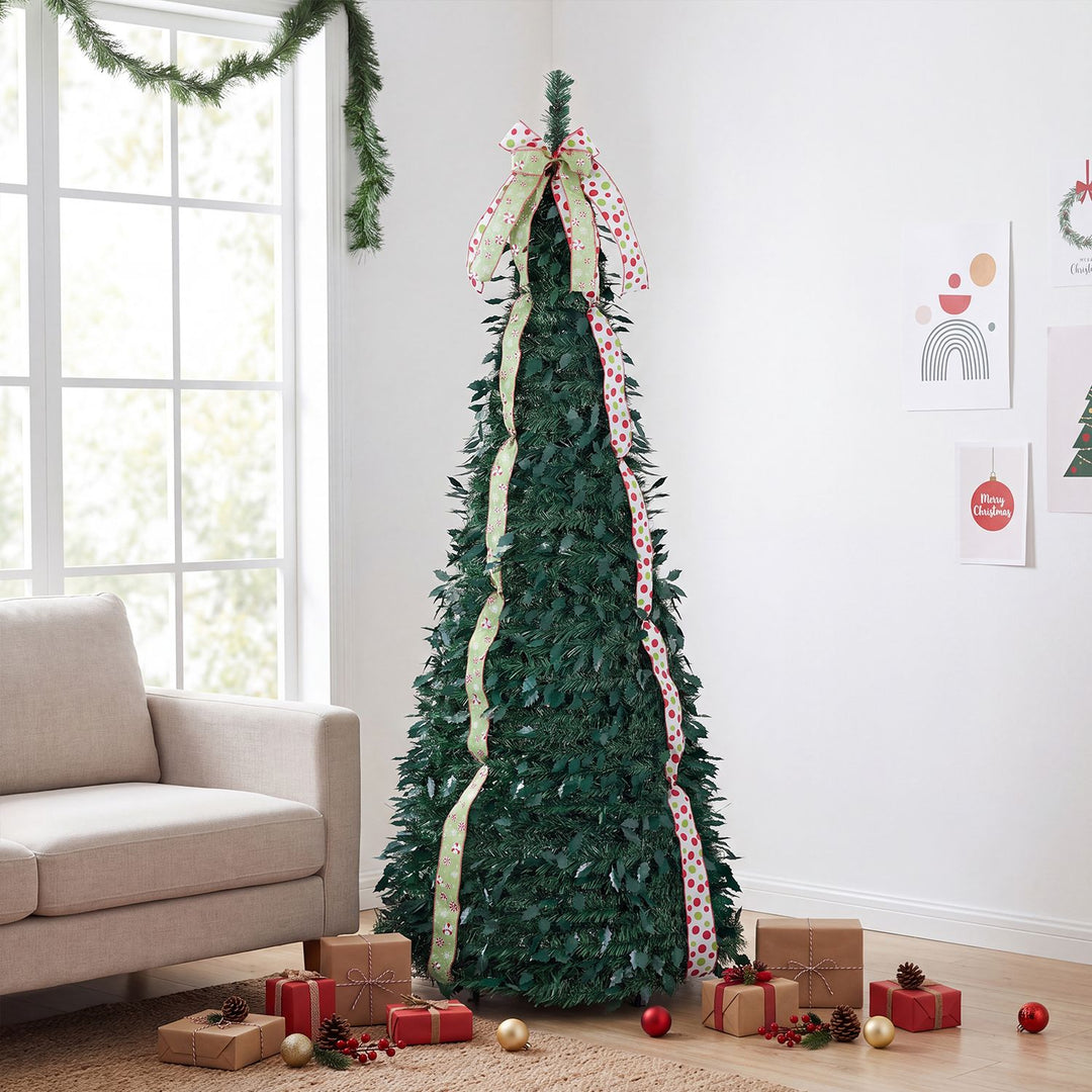 6 ft Pop Up Christmas Tree with PVC Holly Leaves 4 Festive Satin Ribbons and Top Christmas Bow