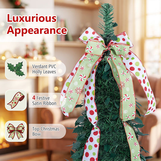 6 ft Pop Up Christmas Tree with PVC Holly Leaves 4 Festive Satin Ribbons and Top Christmas Bow