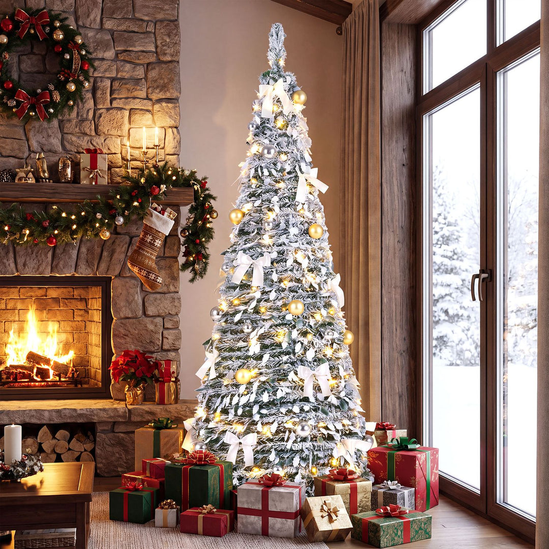 6 ft Pop Up Flocked Christmas Tree with 20/30 Christmas Bows and 35 Christmas Balls