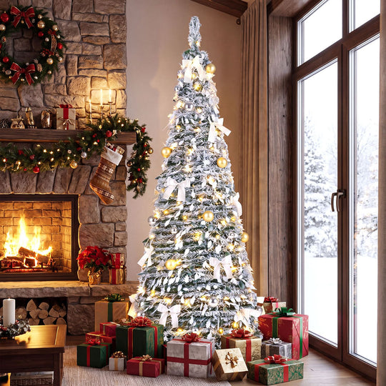 6 ft Pop Up Flocked Christmas Tree with 20/30 Christmas Bows and 35 Christmas Balls