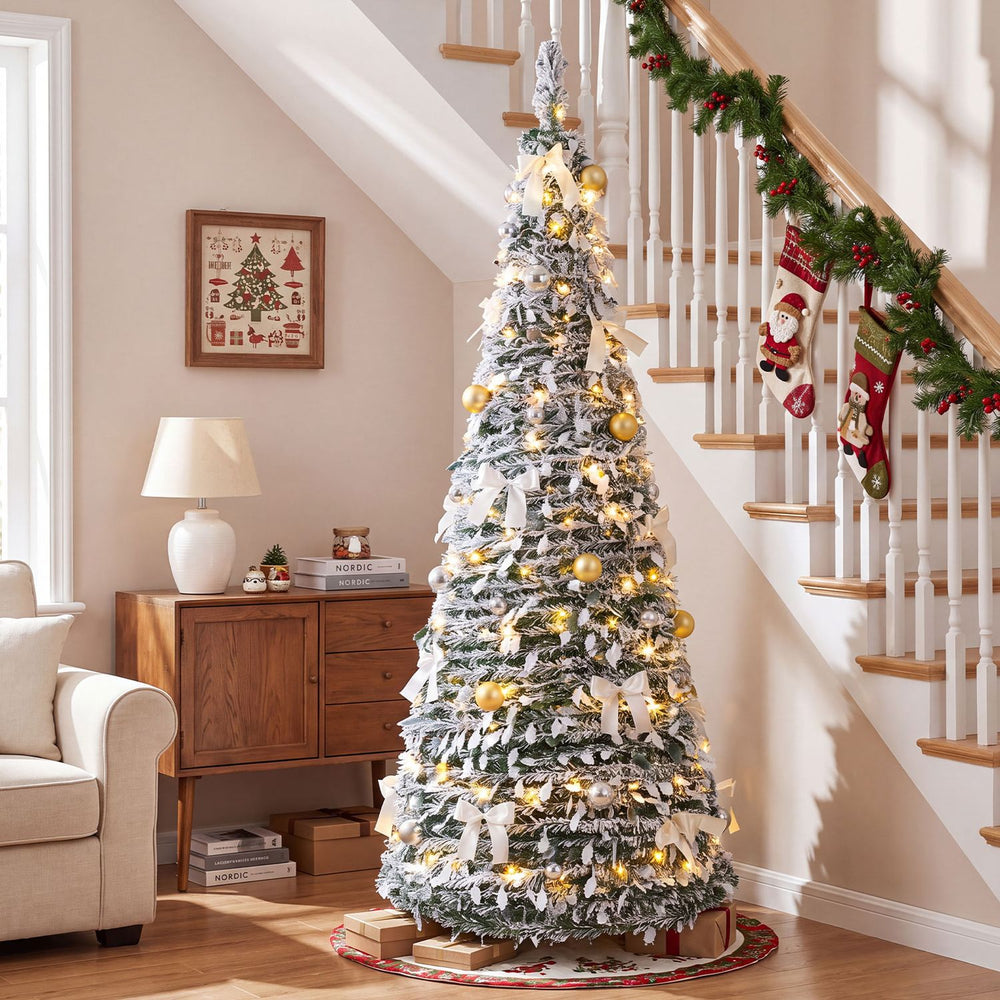 6 ft Pop Up Flocked Christmas Tree with 20/30 Christmas Bows and 35 Christmas Balls