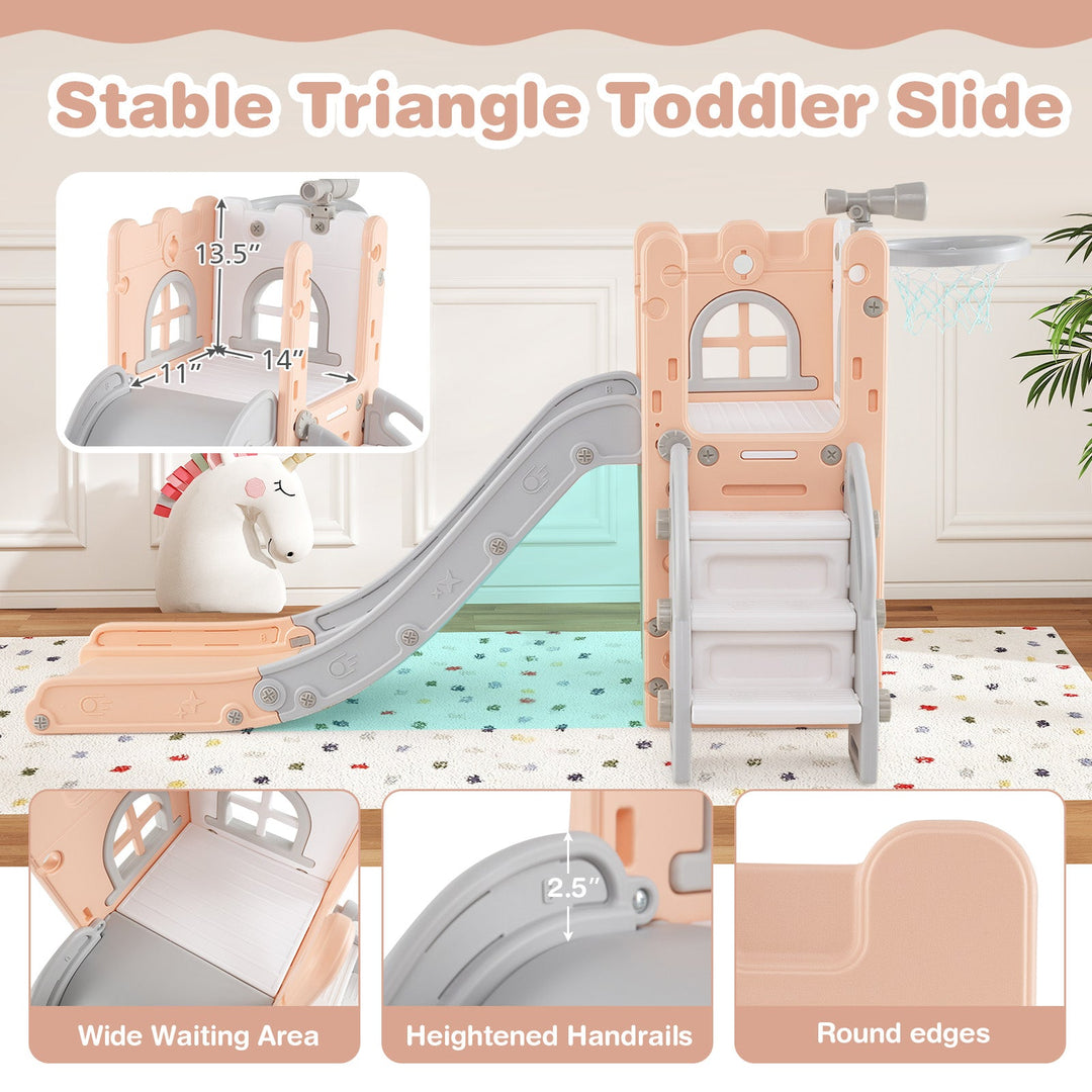 6-in-1 Toddler Slide L-shaped Playground with Basketball Hoop and Ladder
