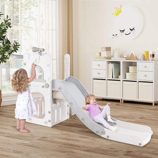 6-in-1 Toddler Slide L-shaped Playground with Basketball Hoop and Ladder
