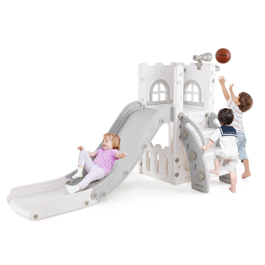 6-in-1 Toddler Slide L-shaped Playground with Basketball Hoop and Ladder