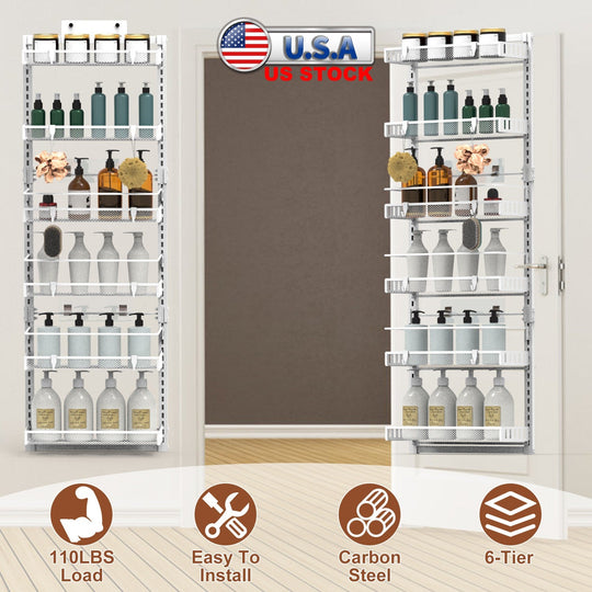 Over The Door Pantry Organizer 6-Tier Pantry Door Organizer Carbon Steel 110LBS Loading Easy Install Behind Door Storage For Closet Kitchen Bathroom 5