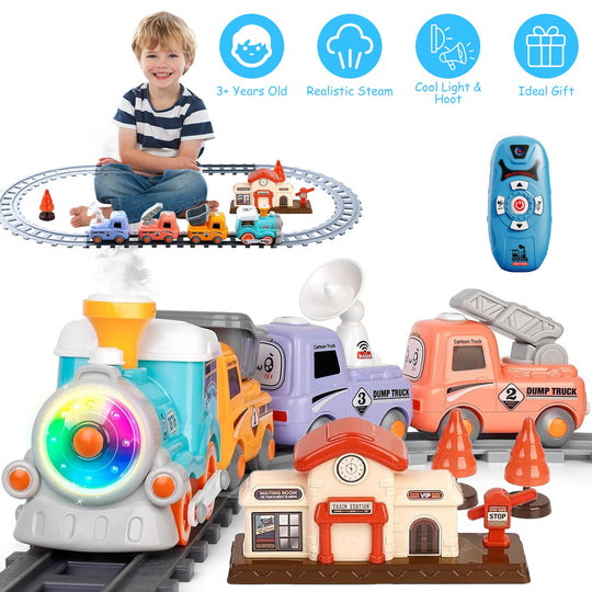 Electric Train Set with Smokes Light Sound Remote Magnetic Train Toys with Locomotive 3 Trucks Gifts for Kids Aged 3 4 5 6 Year Old