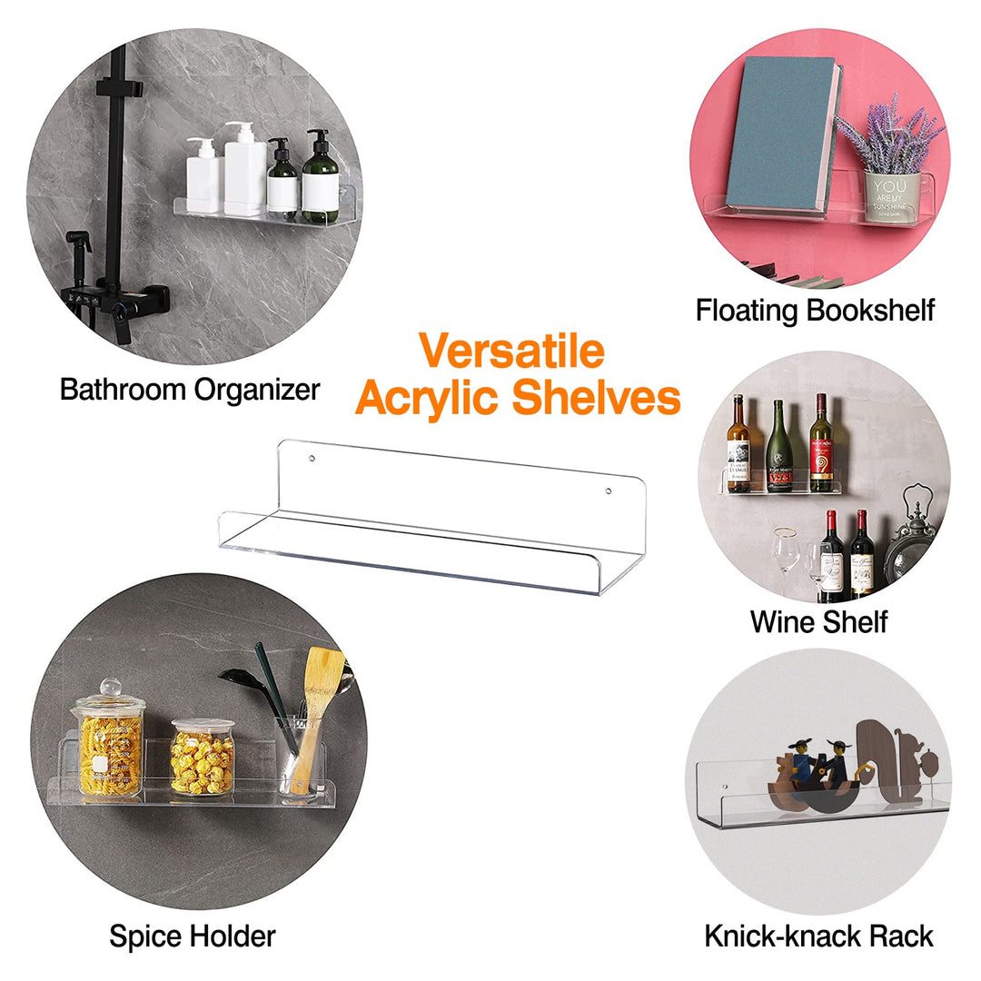 4 Pack 15In Clear Acrylic Floating Shelves Bookshelves with 2 Mounting Ways Wall Mounted Organizer for Kitchen Bathroom Study Living Room Bedroom Offi