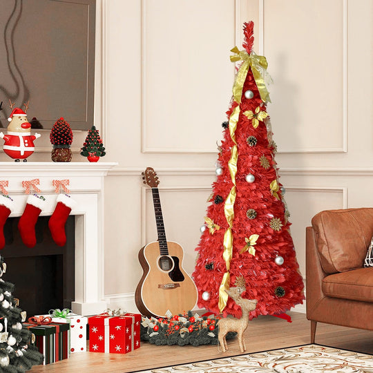 6FT Red Pre-Lit Christmas Tree with 150 LED Lights & Ornaments