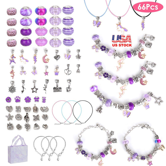 66Pcs Charm Bracelet Making Kit Kids\' Jewelry Necklace Making Kits Colorful DIY Charm Beads Pendant SetÊJewelry Decor Supplies with Gift Box for 5-12