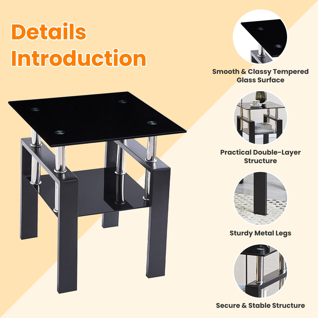 2Pcs Tempered Glass Sofa Table, 2-Tier Black End Table with Powder-Coated Iron Frame, Modern Glass Side Table for Living