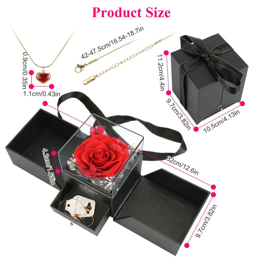 Preserved Red Real Rose with Heart Necklace Eternal Flowers Rose with Golden Necklace Gifts for Women Mom Wife Girlfriend Grandma on Valentine Mother
