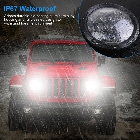 2Pcs 7In 75W Round LED Headlight 3500LM Halo Car Headlamp with DRL High Low Beam for Jeep Wrangler TJ JK CJ with H4 to H13 Adapters Plug and Play