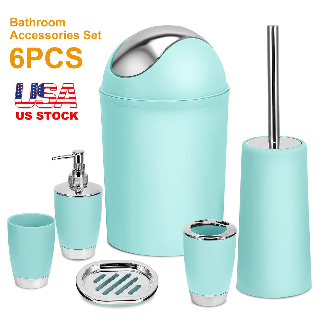 Bathroom Accessories Set 6 Pcs Bathroom Set Ensemble Complete Soap Dispenser Toothbrush Holder Tumbler Soap Dish Toilet Cleaning Brush Trash Can