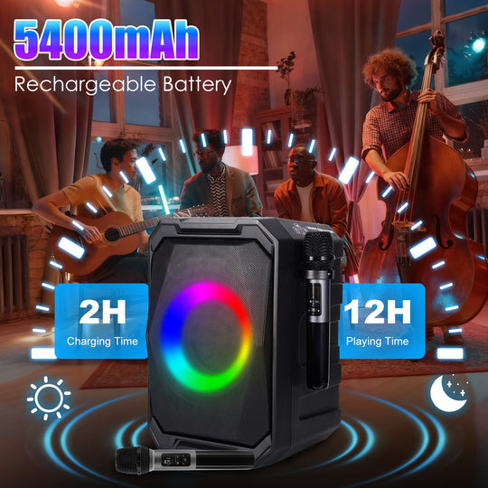 Portable Wireless Party Speaker | LED Lights, 2 Wireless Mics, Remote, TWS & Guitar Input
