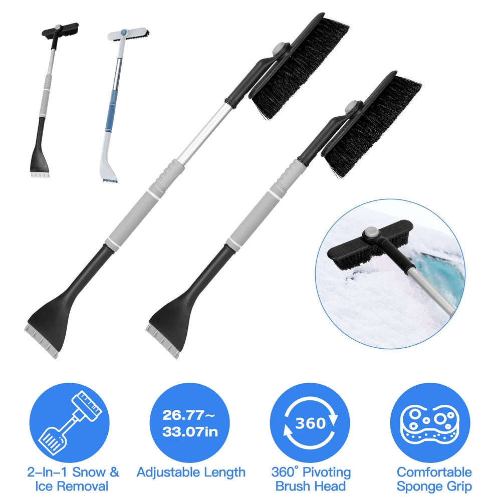 2 In 1 Ice Scraper Extendable Car Snow Brush Telescopic Snow Removal Tool Automobile Snow Shovel Frost Removal with 360¡ Pivoting Brush Head Sponge Gr
