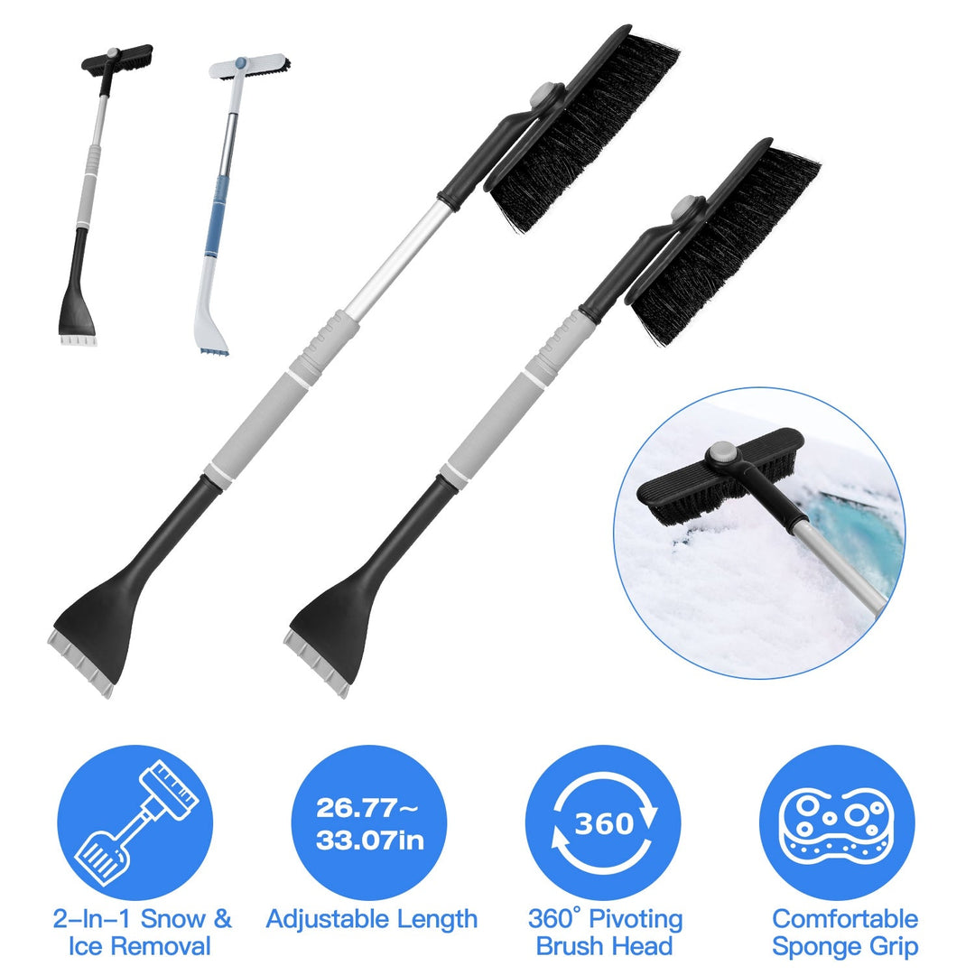 2 In 1 Ice Scraper Extendable Car Snow Brush Telescopic Snow Removal Tool Automobile Snow Shovel Frost Removal with 360¡ Pivoting Brush Head Sponge Gr