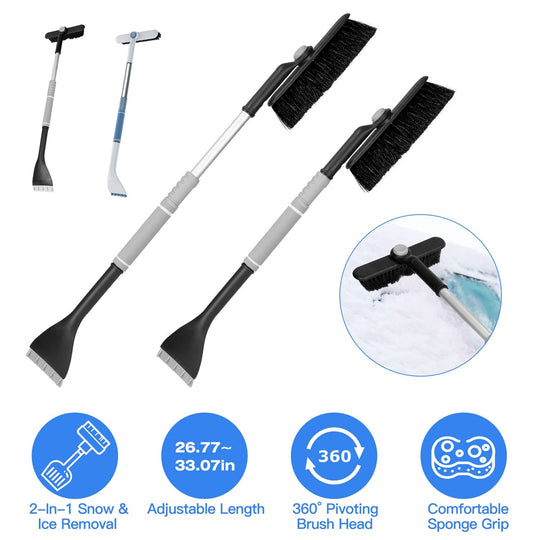 2 In 1 Ice Scraper Extendable Car Snow Brush Telescopic Snow Removal Tool Automobile Snow Shovel Frost Removal with 360¡ Pivoting Brush Head Sponge Gr