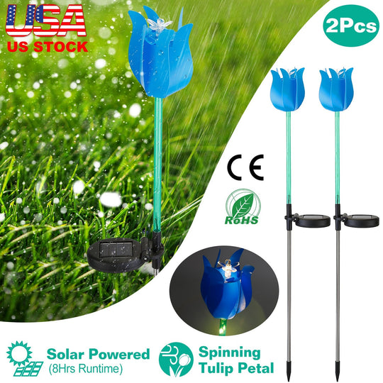 2Pcs Solar Powered Tulip Garden Light Wind Mill Waterproof Landscape Stake Lamp Decorative Lawn Lights For Yard Driveway Walkway Patio