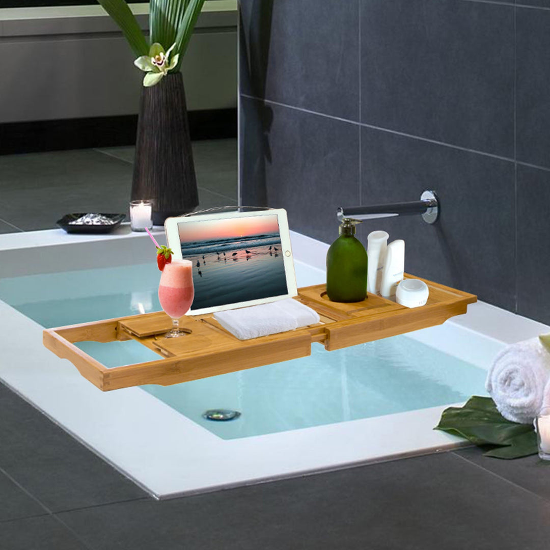 Bathtub Caddy Tray Crafted Bamboo Bath Tray Table Extendable Reading Rack Tablet Phone Holder Wine Glass Holder Shelf Desk Bathroom Spa