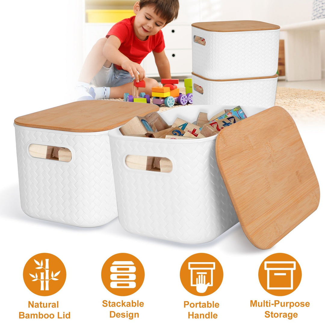 2Pcs Storage Bins with Bamboo Lids Stackable Plastic Storage Container with Handle Storage Box Accessories Holder for Bedroom Kitchen Shelf Closet