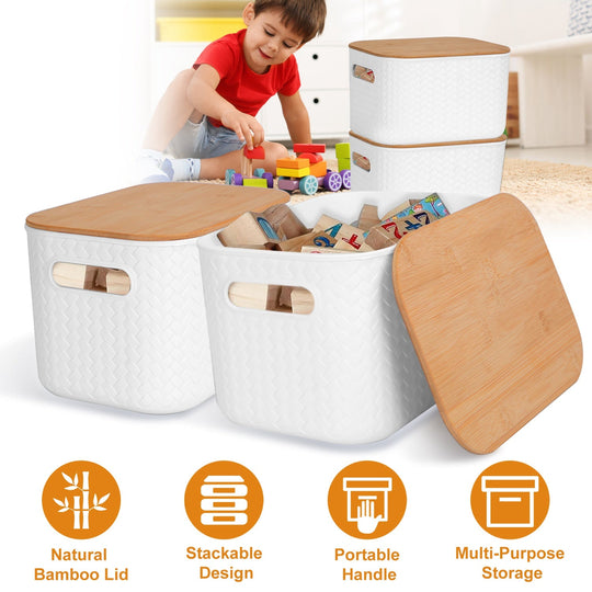 2Pcs Storage Bins with Bamboo Lids Stackable Plastic Storage Container with Handle Storage Box Accessories Holder for Bedroom Kitchen Shelf Closet