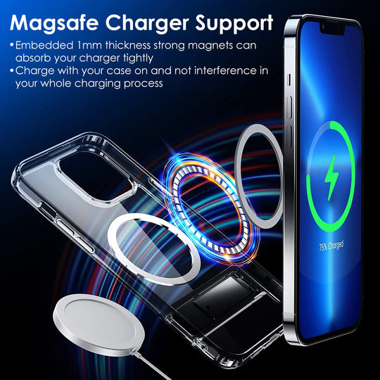 Magnetic Metal Kickstand Clear Case Shockproof Anti Yellowing Phone Cover Compatible with Magsafe Fit for IOS Phone 14