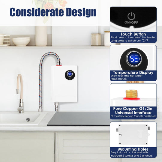 3000W Tankless Water Heater with Digital Display for Kitchen & Bathroom