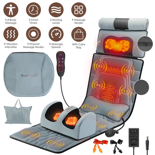 Flannel Full Body Massage Mat Multifunctional Massage Chair Pad with Heat Timer Shiatsu Neck Foot Massager Lumbar Pillow