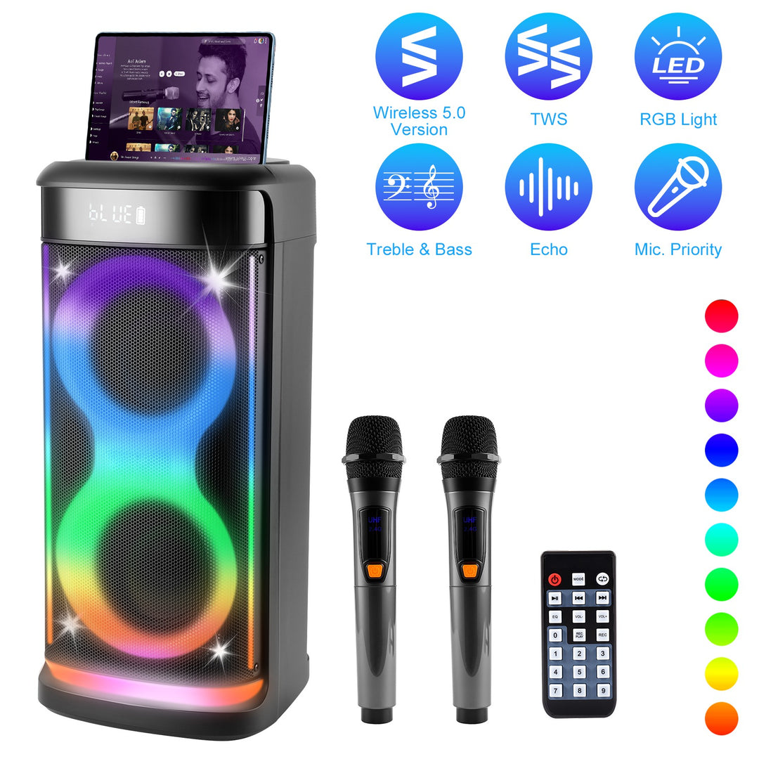 Portable Wireless Party Speaker | LED Lights, 2 Wireless Mics, Remote, TWS & Guitar Input
