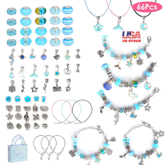 66Pcs Charm Bracelet Making Kit Kids\' Jewelry Necklace Making Kits Colorful DIY Charm Beads Pendant SetÊJewelry Decor Supplies with Gift Box for 5-12