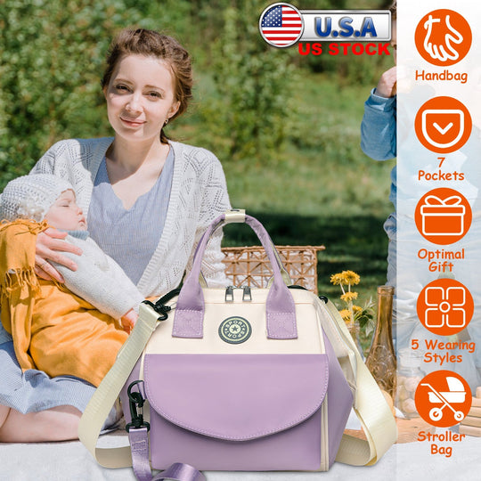 Baby Nappy Diaper Bag with 6 Pockets Burp Cloth Adjustable Shoulder Strap Detachable Small Bag Multifunctional Diaper Changing Bag with 2 Insulated Po