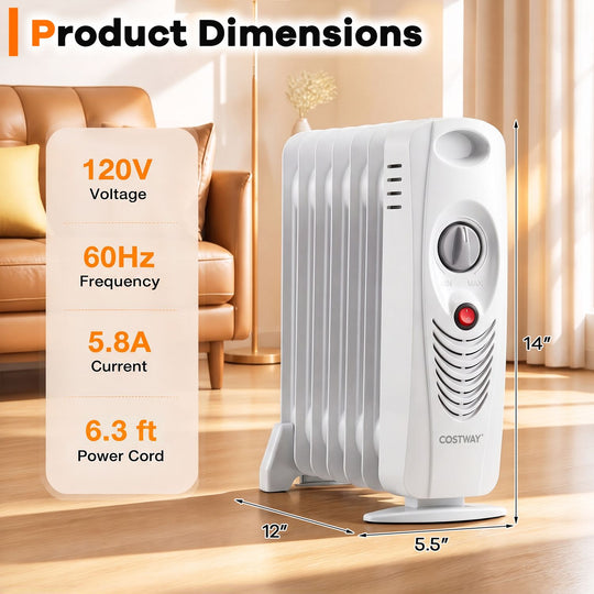 700 W Portable Mini Electric Oil-Filled Radiator Heater-White