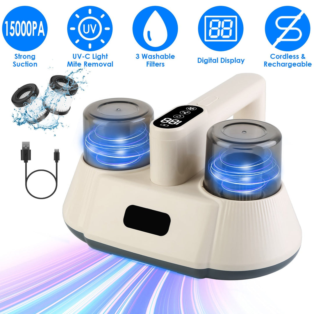 15000PA Double-Cup Bed Vacuum Cleaner with UV-C Light Cordless Mattress Vacuum Rechargeable Dust Mites Remover with 3 Washable Filters