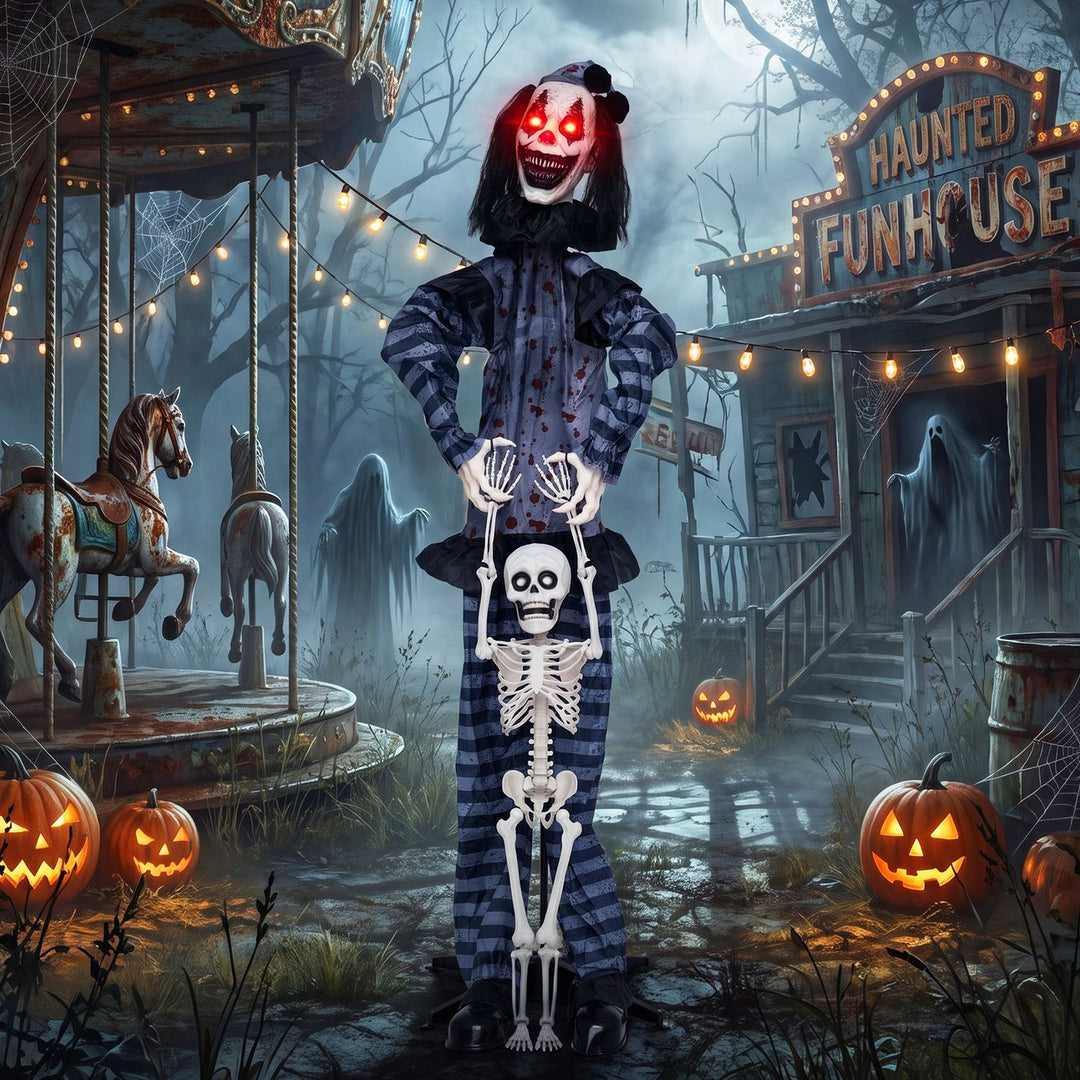 70" Life-Size Clown with Lifted Skeleton Glowing Eyes Lights and Sound